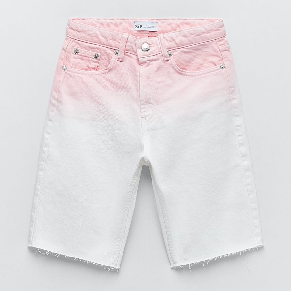 Zara TIE-DYE DENIM BERMUDA JEAN SHORTS PINK/WHITE NEW